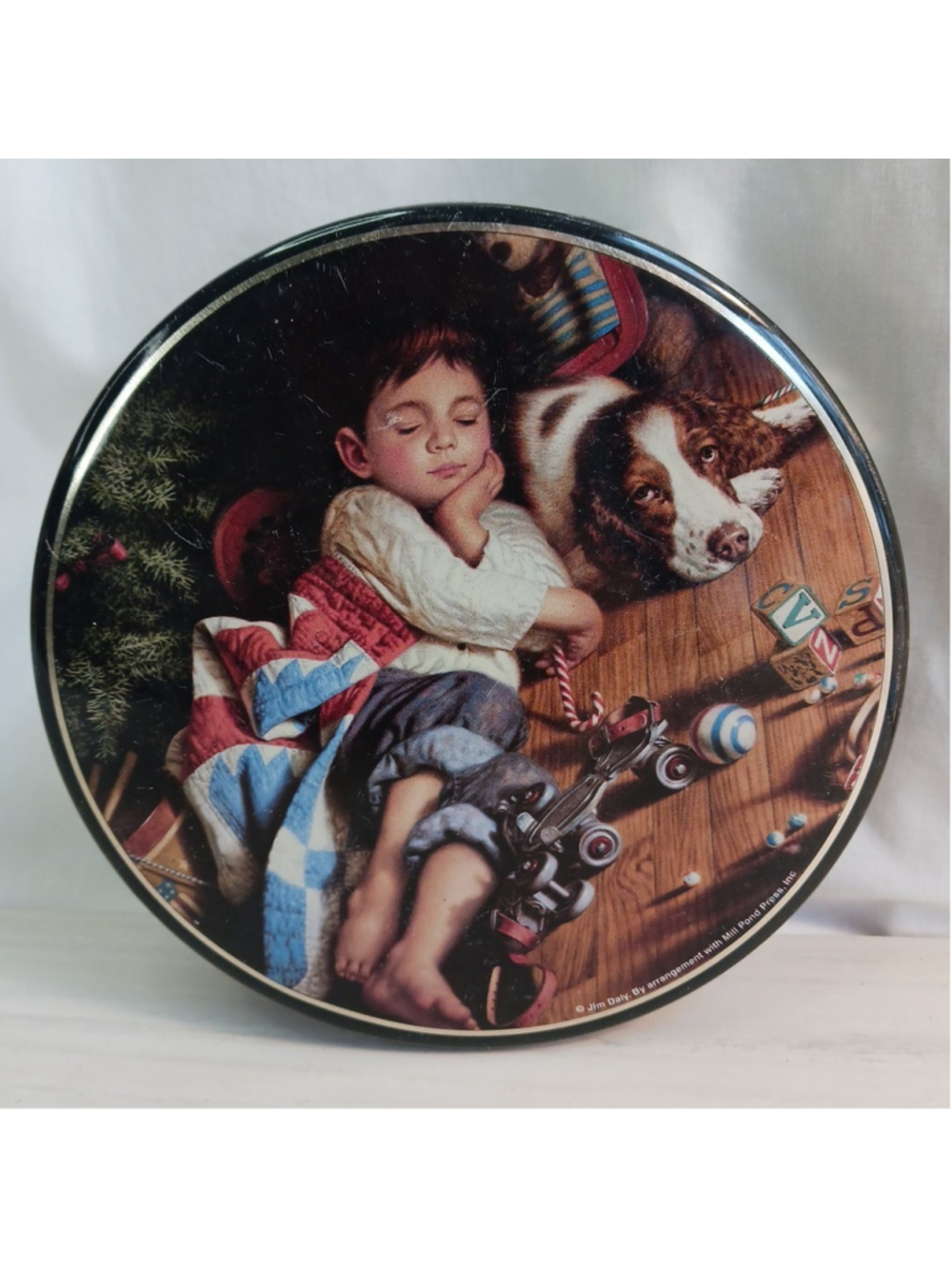 Jim Daly "To All A Good Night" Cookie Tin Boy Spaniel Dog Rollerskate Christmas